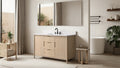 VanityArt 60-inch single-sink oak vanity with three drawers white countertop and black faucet in spa-style bathroom