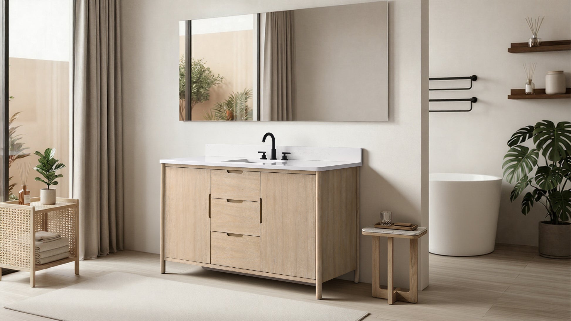 VanityArt 60-inch single-sink oak vanity with three drawers white countertop and black faucet in spa-style bathroom