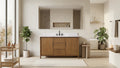 60-inch walnut bathroom vanity with white stone top and black faucet in bright modern bathroom setting