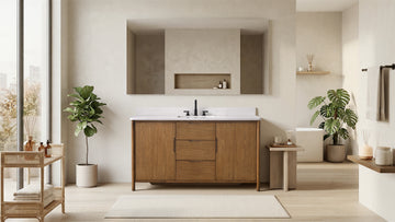 60-inch walnut bathroom vanity with white stone top and black faucet in bright modern bathroom setting