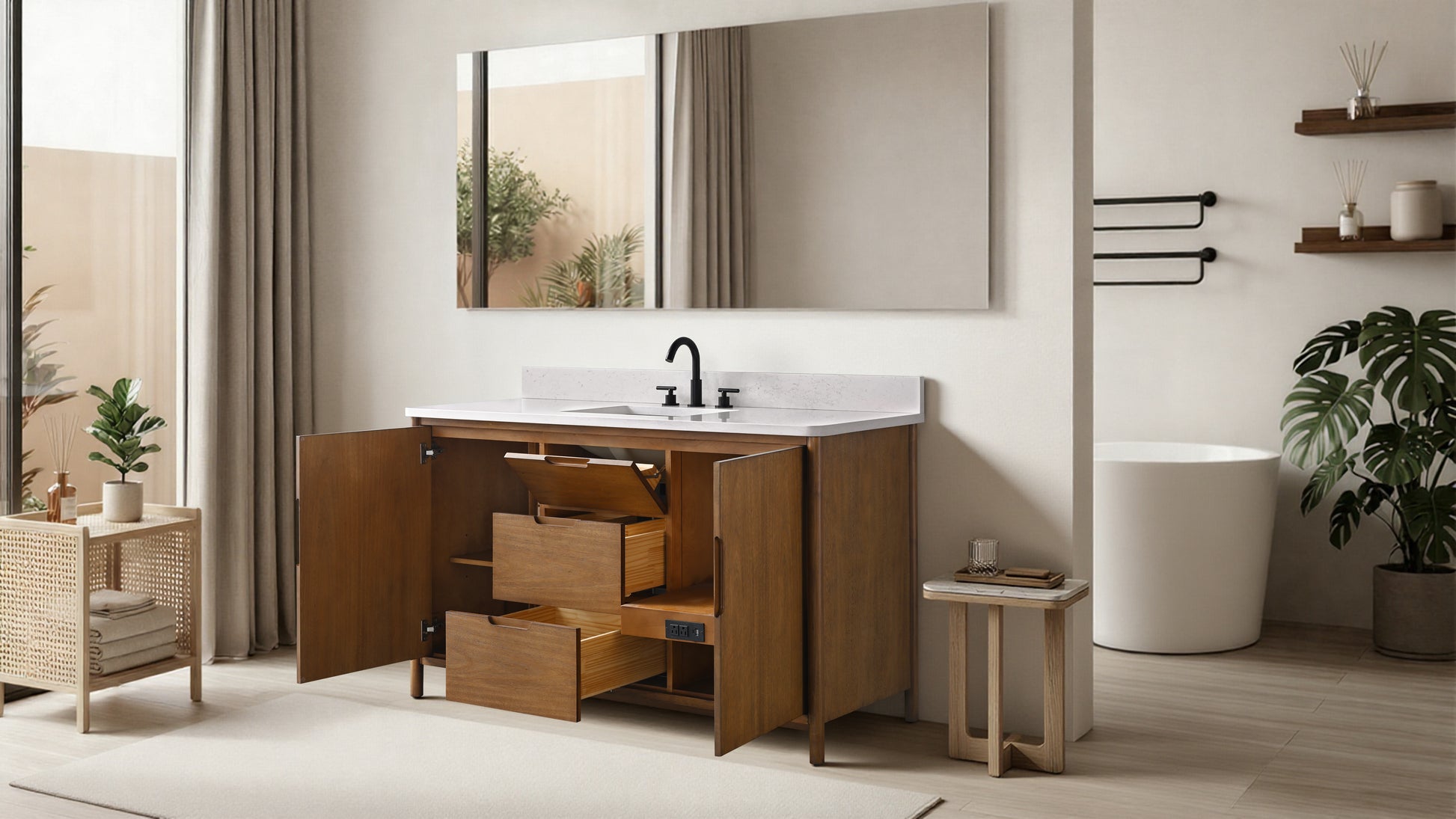 60-inch walnut bathroom vanity with open doors and drawers showing interior storage, room setting
