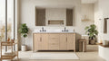 72-inch light oak double sink bathroom vanity with white stone top in bright modern bathroom setting