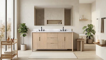 72-inch light oak double sink bathroom vanity with white stone top in bright modern bathroom setting