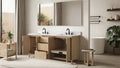 72-inch light oak bathroom vanity with open doors and drawers revealing interior storage compartments