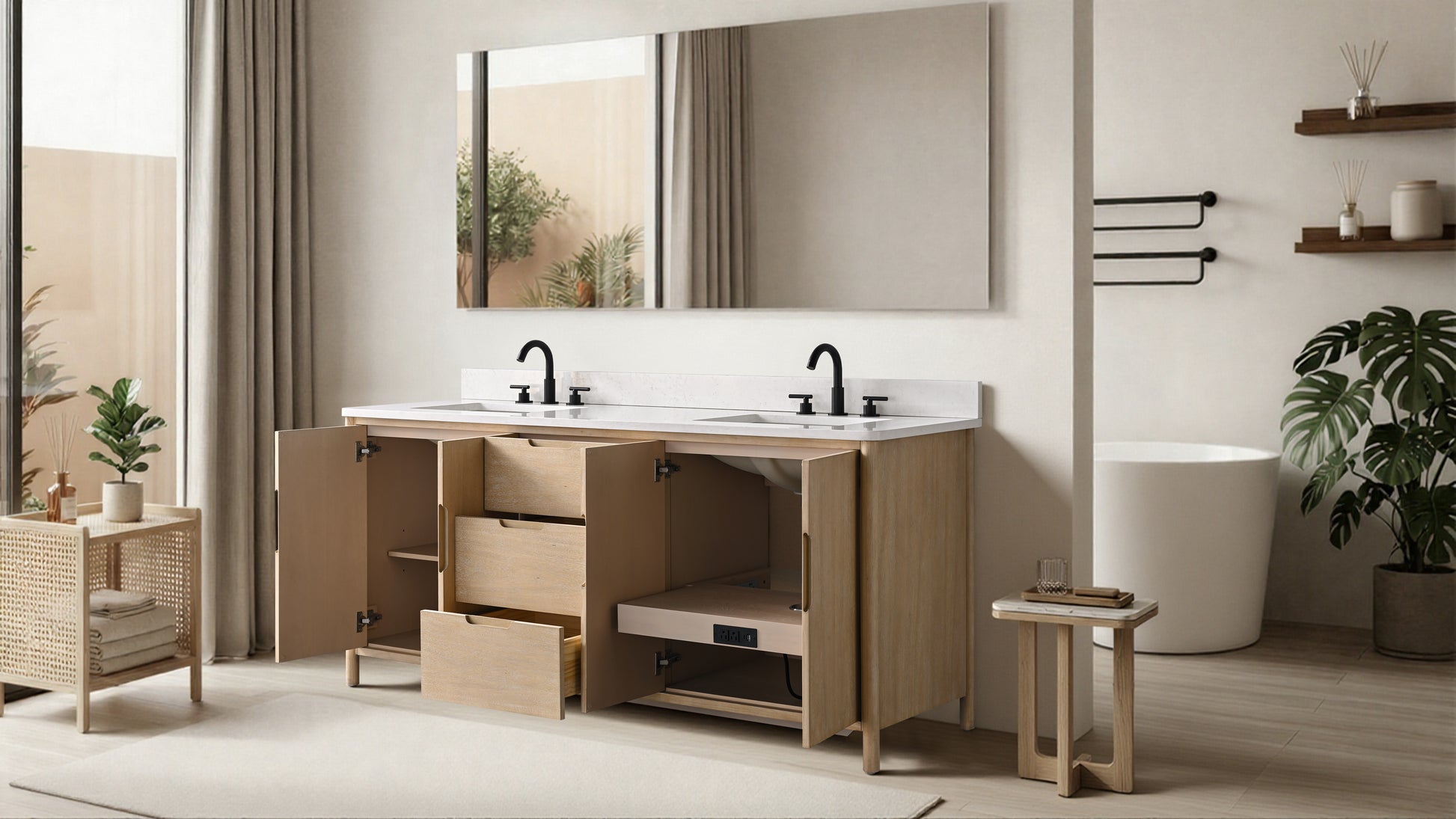 72-inch light oak bathroom vanity with open doors and drawers revealing interior storage compartments