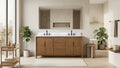 VanityArt 72-inch walnut double sink bathroom vanity with white stone top in bright modern bathroom setting