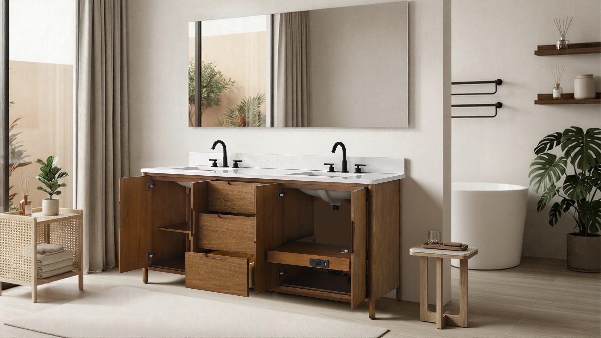 72-inch walnut double bathroom vanity with all cabinet doors and drawers open in modern bathroom