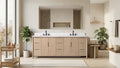 84-inch light oak double sink bathroom vanity with white stone top in bright Scandinavian-style bathroom setting