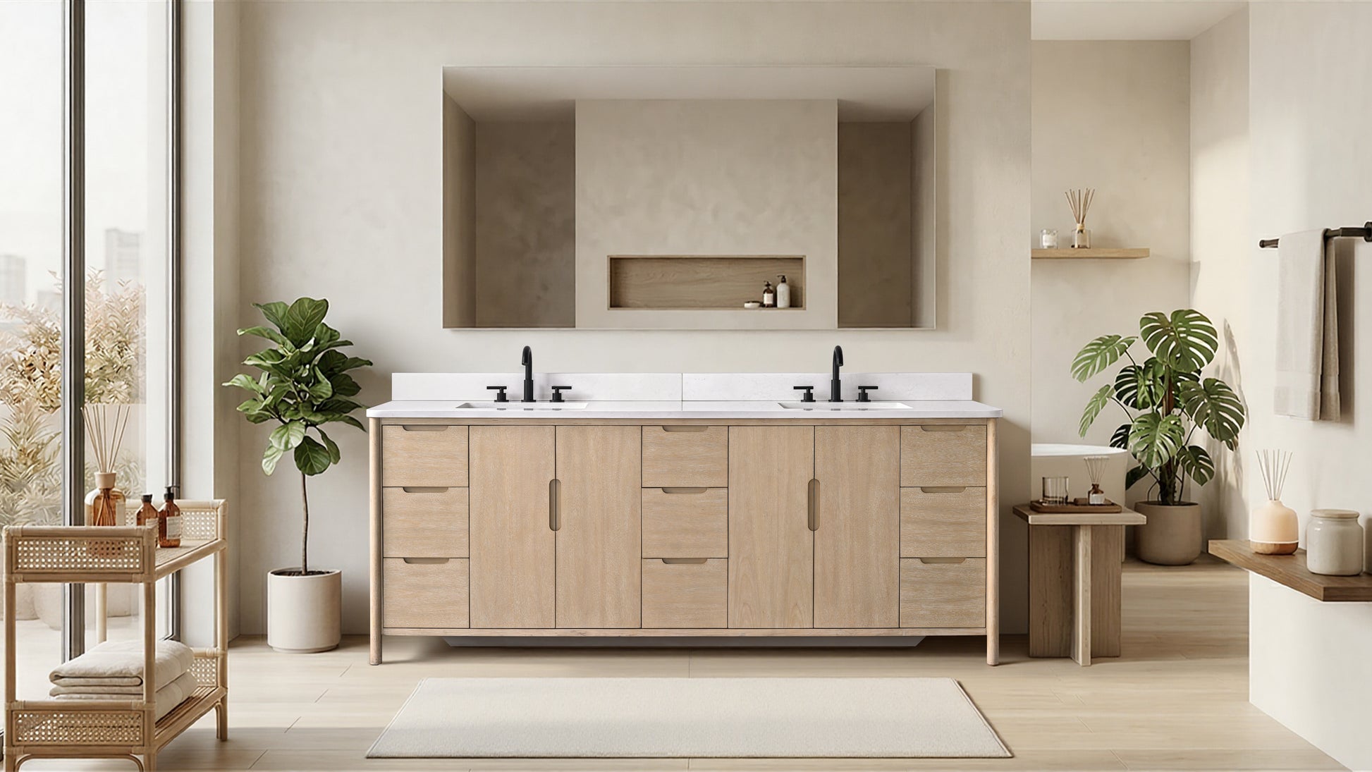 84-inch light oak double sink bathroom vanity with white stone top in bright Scandinavian-style bathroom setting