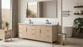 84-inch light oak double sink vanity with white engineered stone countertop and matte black faucets, angled view