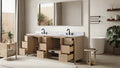 84-inch light oak double sink vanity with all drawers and doors open showing interior storage, bathroom setting