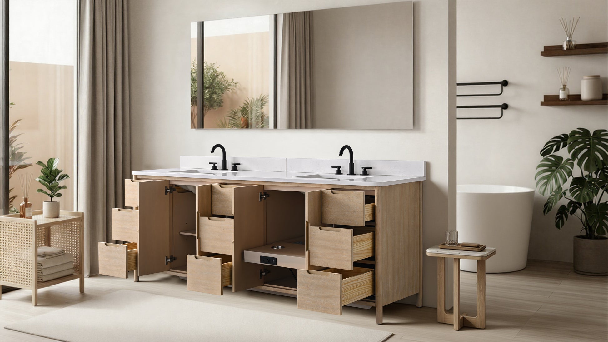 84-inch light oak double sink vanity with all drawers and doors open showing interior storage, bathroom setting