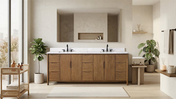 84-inch double sink bathroom vanity in walnut finish with white stone top, plants, and mirror in spa-style bathroom