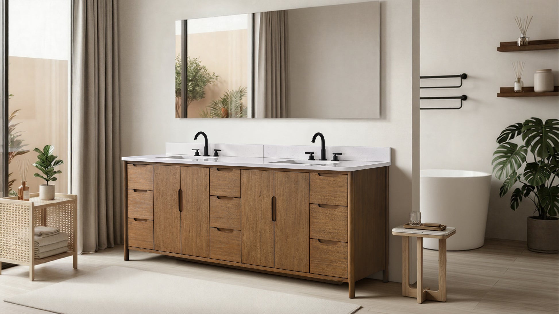 84-inch walnut double bathroom vanity with white countertop, dual black faucets, and freestanding tub in background