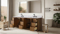 84-inch walnut bathroom vanity with all drawers and cabinet doors open showing interior storage