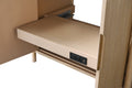 Interior pull-out tray shelf with built-in electrical outlets and USB port inside vanity cabinet