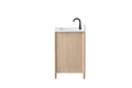 Side profile view of 36-inch light oak bathroom vanity with white stone top and matte black faucet on white background