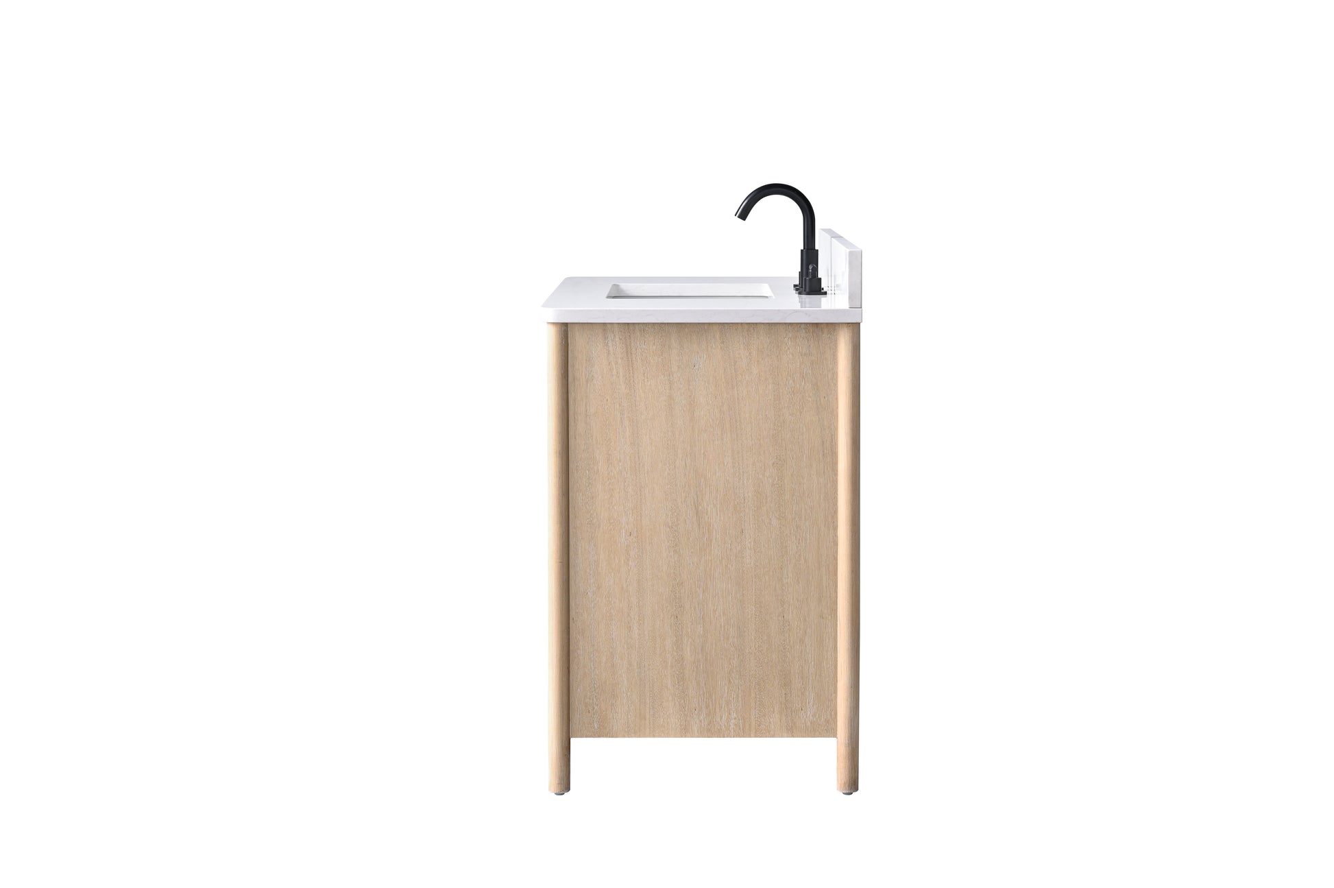 Side profile view of 36-inch light oak bathroom vanity with white stone top and matte black faucet on white background
