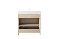 Front view of 36-inch light oak bathroom vanity with doors open revealing interior, white stone top, black faucet