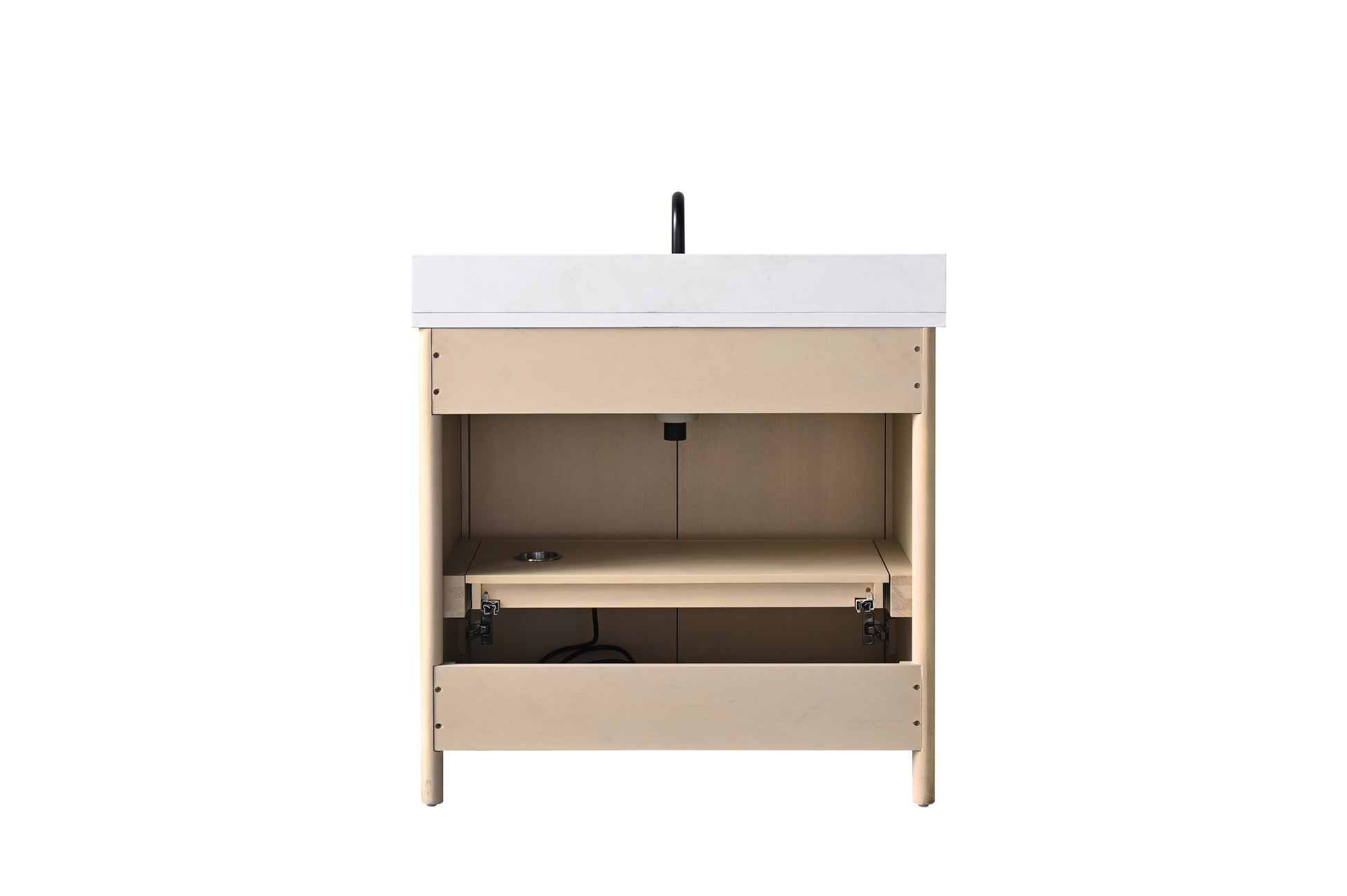 Front view of 36-inch light oak bathroom vanity with doors open revealing interior, white stone top, black faucet
