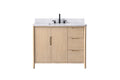 Front view of 42-inch light wood bathroom vanity with two doors, three drawers, white stone top and matte black faucet