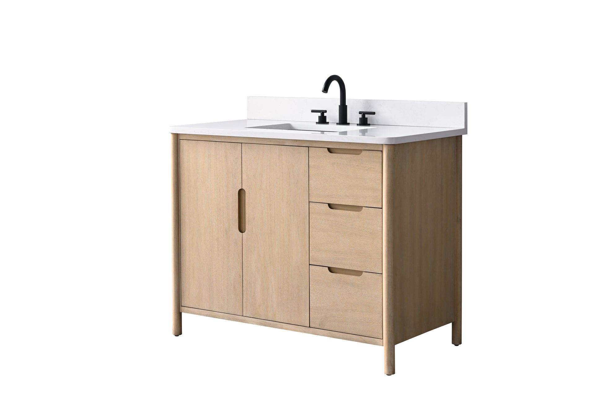 Angled view of 42x22x34 inch bathroom vanity in light wood with three drawers, white engineered stone top and matte black faucet