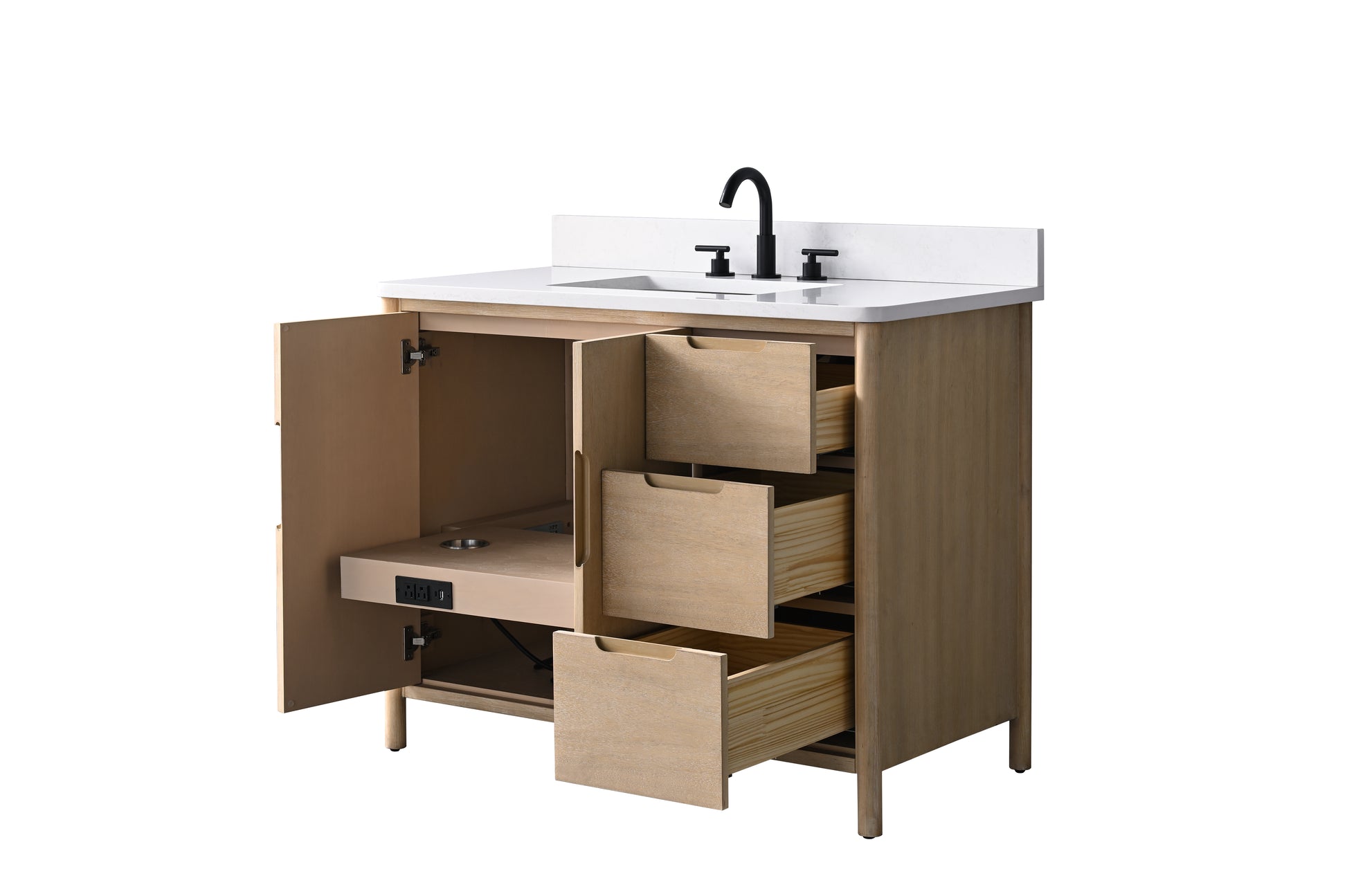 Front view of VanityArt 42-inch oak vanity open storage showing left cabinet and three pull-out drawers with USB outlet tray
