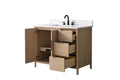 Front view of VanityArt 42-inch oak vanity with open left cabinet door and three open right-side drawers
