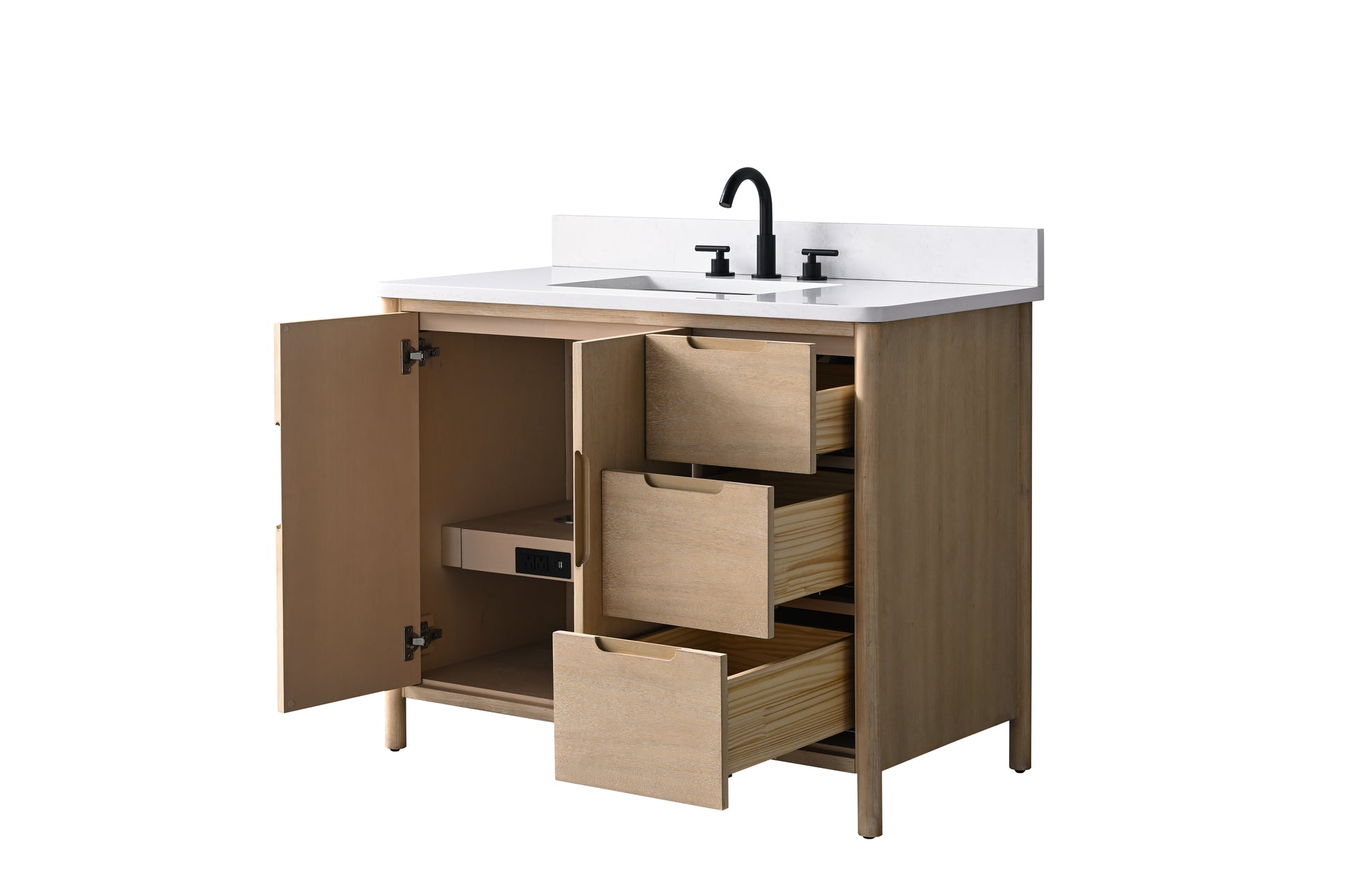 Front view of VanityArt 42-inch oak vanity with open left cabinet door and three open right-side drawers