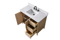 Top view of VanityArt 42-inch oak vanity with open cabinet door and three open drawers on right side