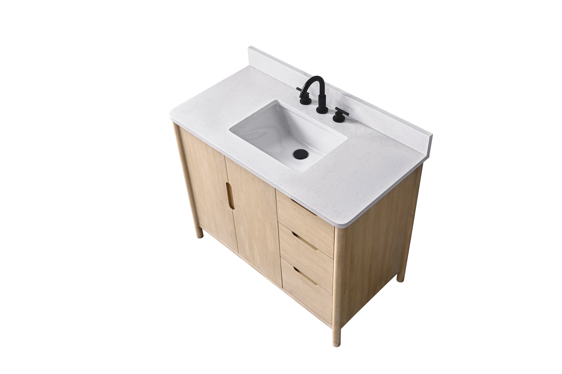 Angled overhead view of VanityArt 42-inch light oak vanity with white stone top, three right-side drawers, and single door
