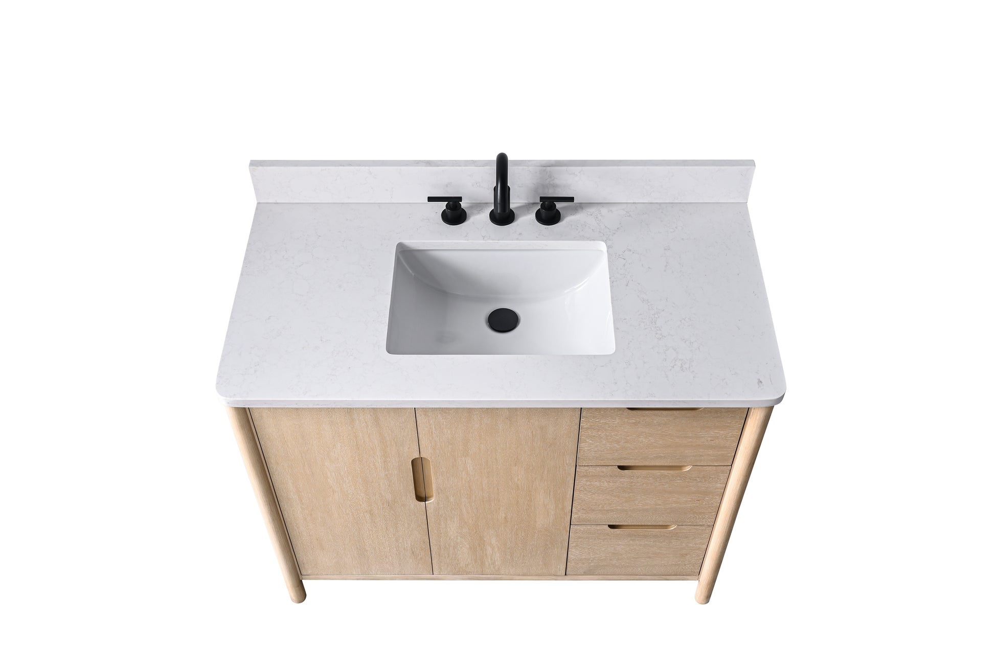 Top-down view of 42-inch VanityArt oak vanity with white engineered stone top and undermount sink, black 3-hole faucet