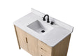 Angled close-up of 42-inch VanityArt oak vanity showing white engineered stone countertop, undermount sink, and black faucet