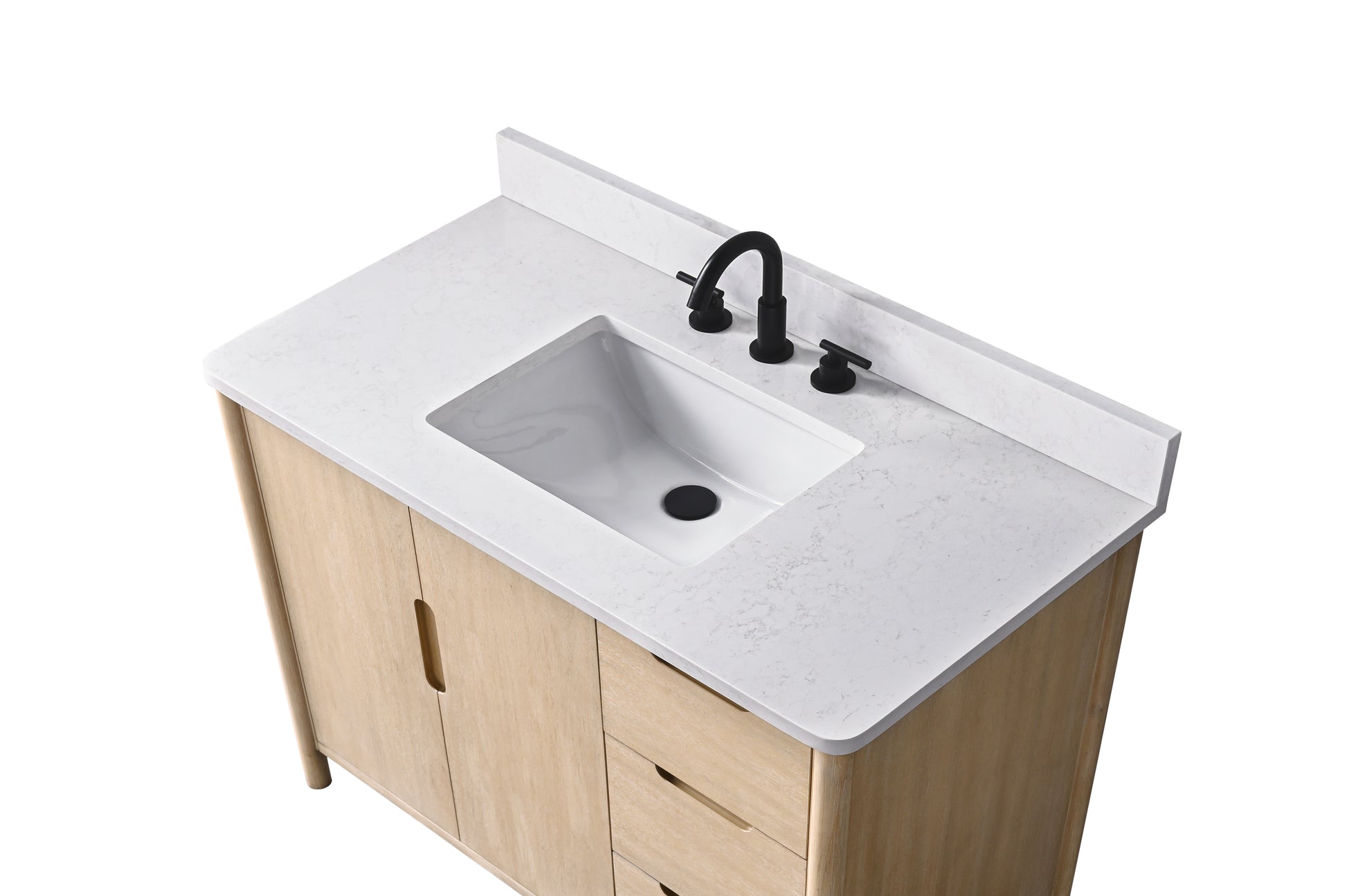 Angled close-up of 42-inch VanityArt oak vanity showing white engineered stone countertop, undermount sink, and black faucet