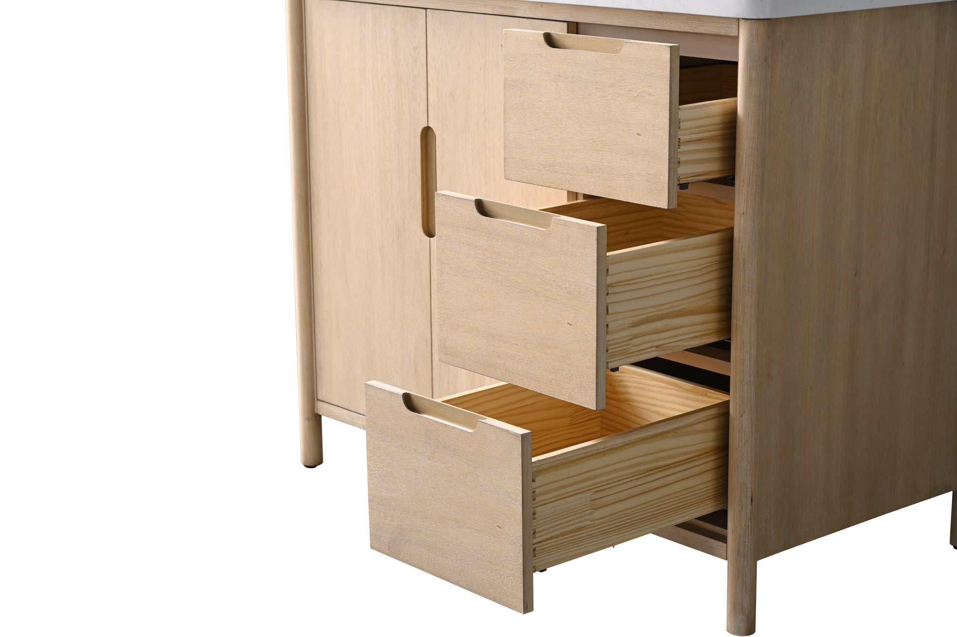 Close-up of VanityArt vanity right side showing three open solid wood drawers with integrated pull handles