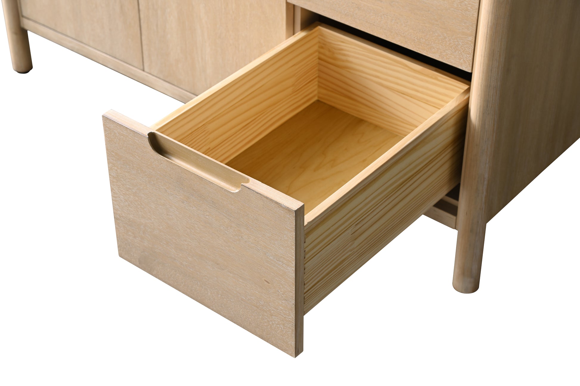 Close-up of VanityArt vanity open solid wood drawer interior showing dovetail construction and natural pine finish