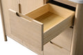 Close-up of VanityArt vanity lower open drawer highlighting solid wood dovetail box construction and oak exterior