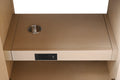 Interior view of VanityArt vanity pull-out tray with stainless steel cup cutout and built-in electrical outlets and USB port