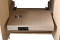 Close-up of VanityArt vanity pull-out electrical tray showing duplex outlet, USB port, and stainless steel accessory ring
