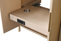 Close-up of 42-inch vanity pull-out shelf with built-in power outlets and metal cup holder, light wood finish