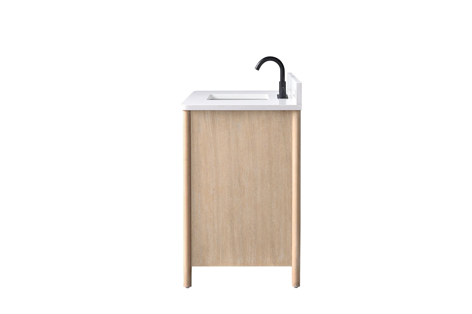 Side view of 42x22x34 inch light wood bathroom vanity with white stone top and matte black faucet