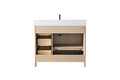 Front interior view of VanityArt 42-inch oak vanity with both doors open revealing pull-out tray and plumbing compartment