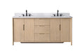Front view of 72-inch light oak double sink bathroom vanity with white stone top, closed doors and drawers