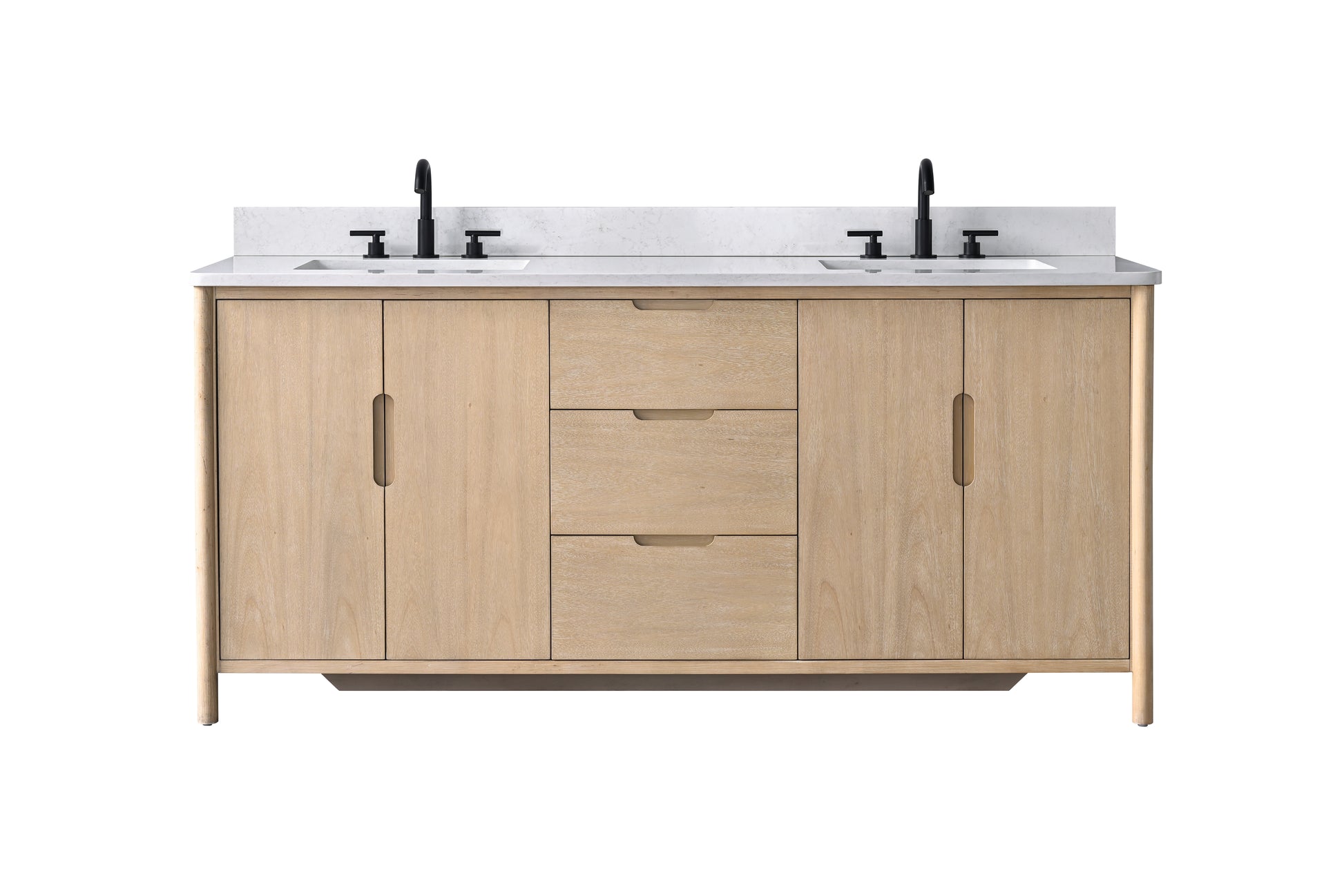 Front view of 72-inch light oak double sink bathroom vanity with white stone top, closed doors and drawers