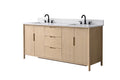 Straight-on front view of 72-inch light oak double sink vanity with centered three-drawer bank
