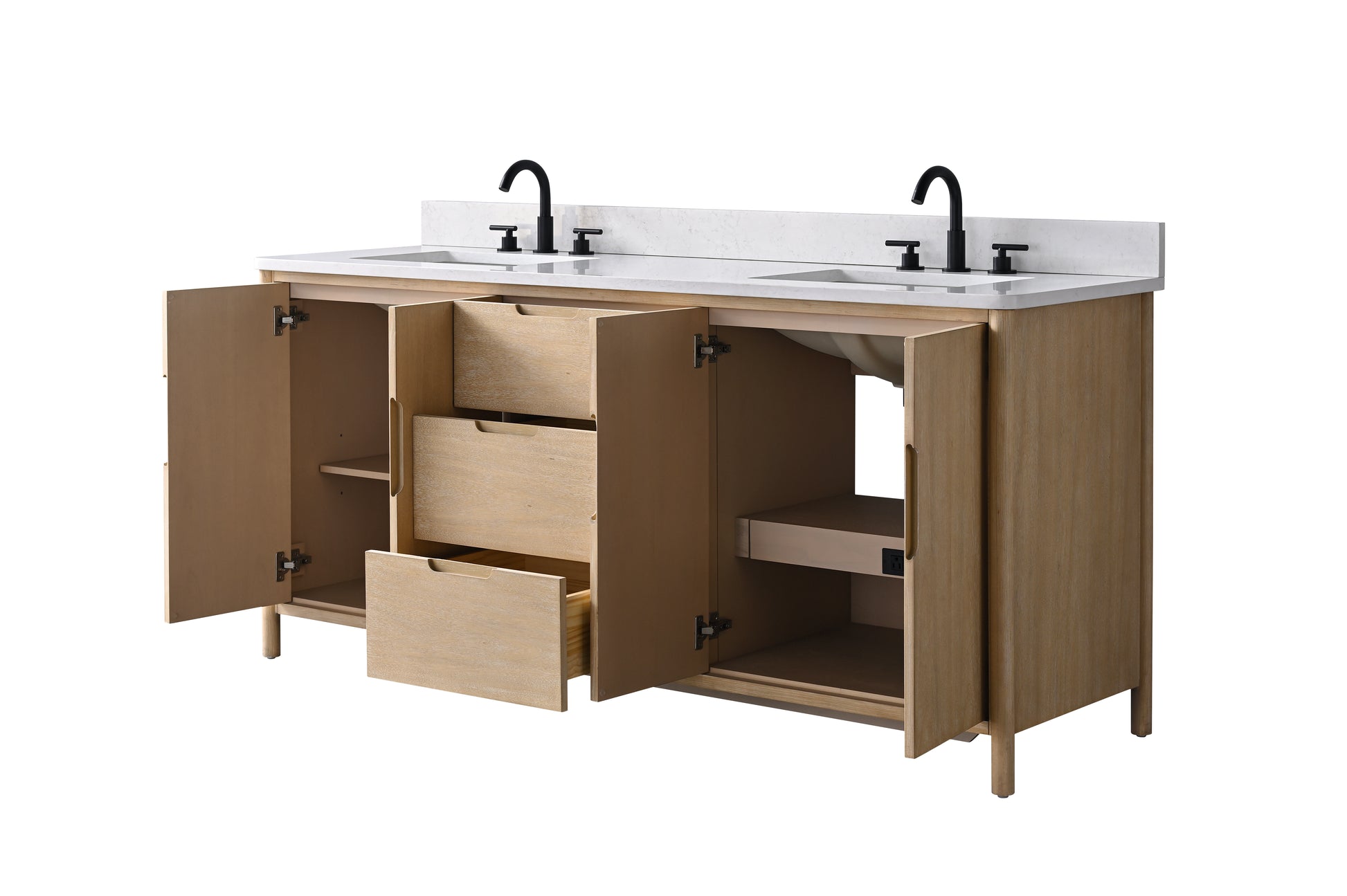 Angled view of 72-inch light oak double sink vanity with left doors and center drawers open