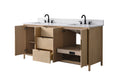Angled view of 72-inch light oak double sink vanity with open doors revealing pull-out shelf with outlet