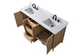 Top-down angled view of 72-inch double sink vanity with open drawers and doors showing storage layout