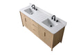 Overhead angled view of 72-inch light oak double sink vanity with white stone top and open side doors