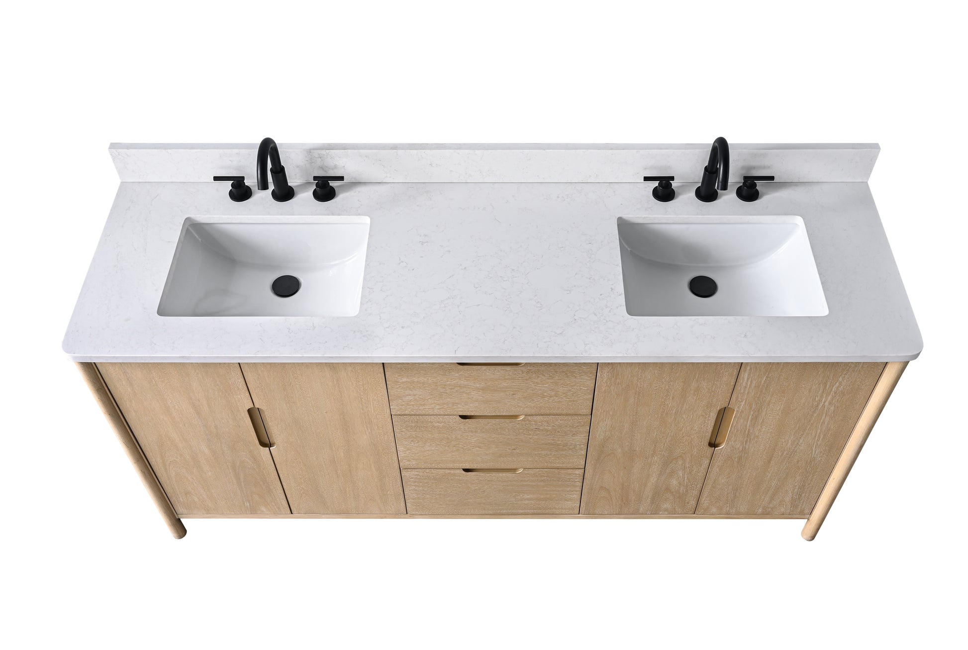 Top-down view of 72-inch double sink vanity with white engineered stone top and matte black faucets